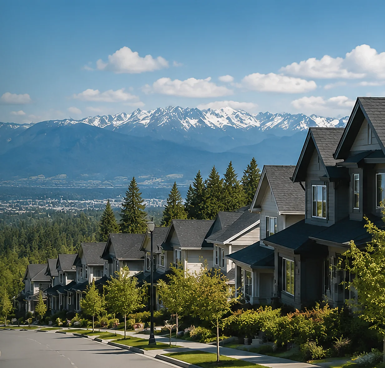 A tree lined street of detached family homes in Walnut Grove, Langley BC