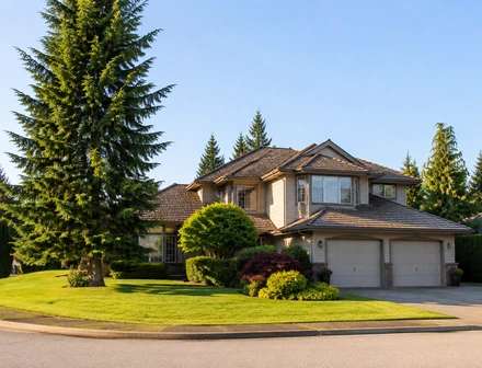 A two storey detached house with a double garage and mature evergreens in Langley BC