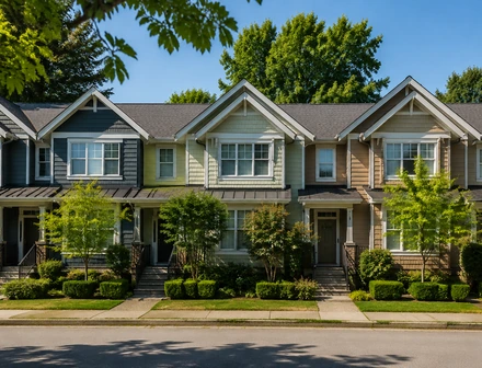 A row of townhomes with landscaped front yards, townhomes for sale in Walnut Grove, Langley
