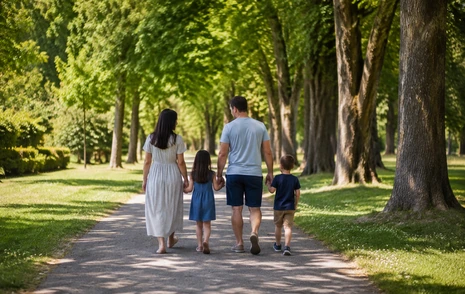 A family walking a shaded park path in a Langley BC neighbourhood
