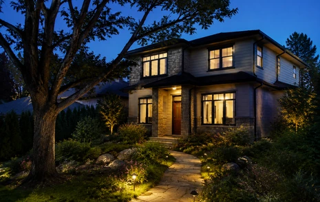 A two storey detached family home lit at dusk, houses for sale in Walnut Grove Langley