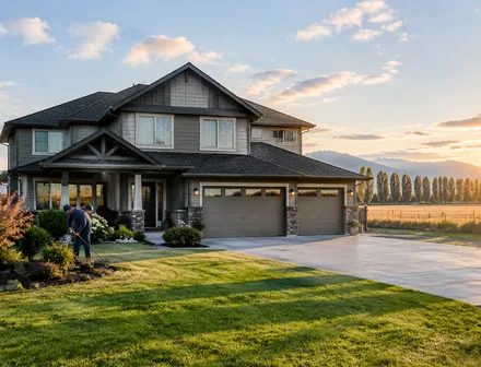 A newer 2 storey house on a large lot with farmland behind it in Aberdeen, Abbotsford BC