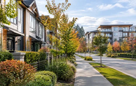 Newer townhomes and a low rise condo building on a landscaped street in West Abbotsford BC
