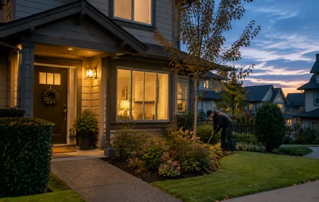 A townhome entry lit at dusk on a quiet street in West Abbotsford BC