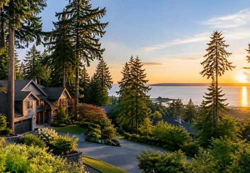 Houses among evergreens on the bluff above Boundary Bay in Ocean Park, South Surrey BC