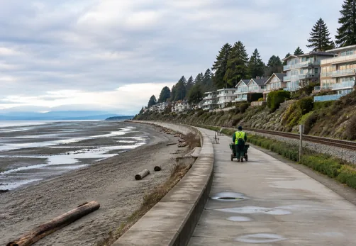 The promenade and sandy beach at East Beach in White Rock BC at low tide