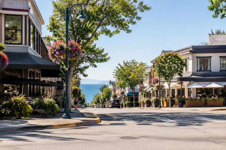 Low rise shops and restaurants around the Five Corners intersection in White Rock BC