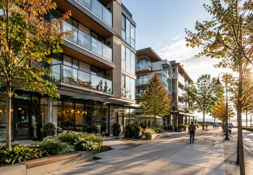 Medium rise condo buildings on a tree lined street in Uptown White Rock BC