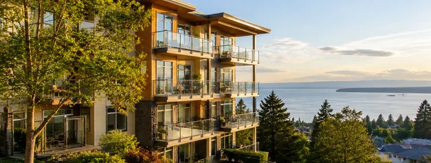 A low rise condo building with glass balconies looking toward Semiahmoo Bay, condos for sale in White Rock BC