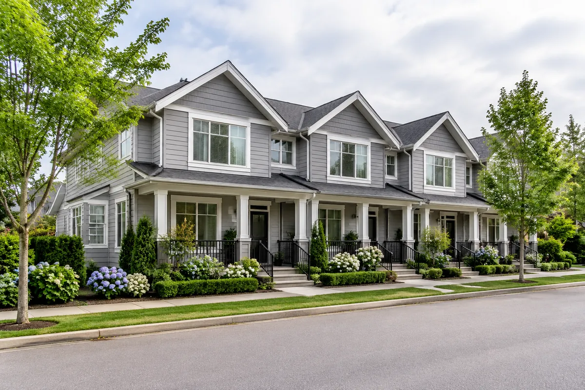 A short row of two storey townhomes with small gardens, townhouses for sale in White Rock BC