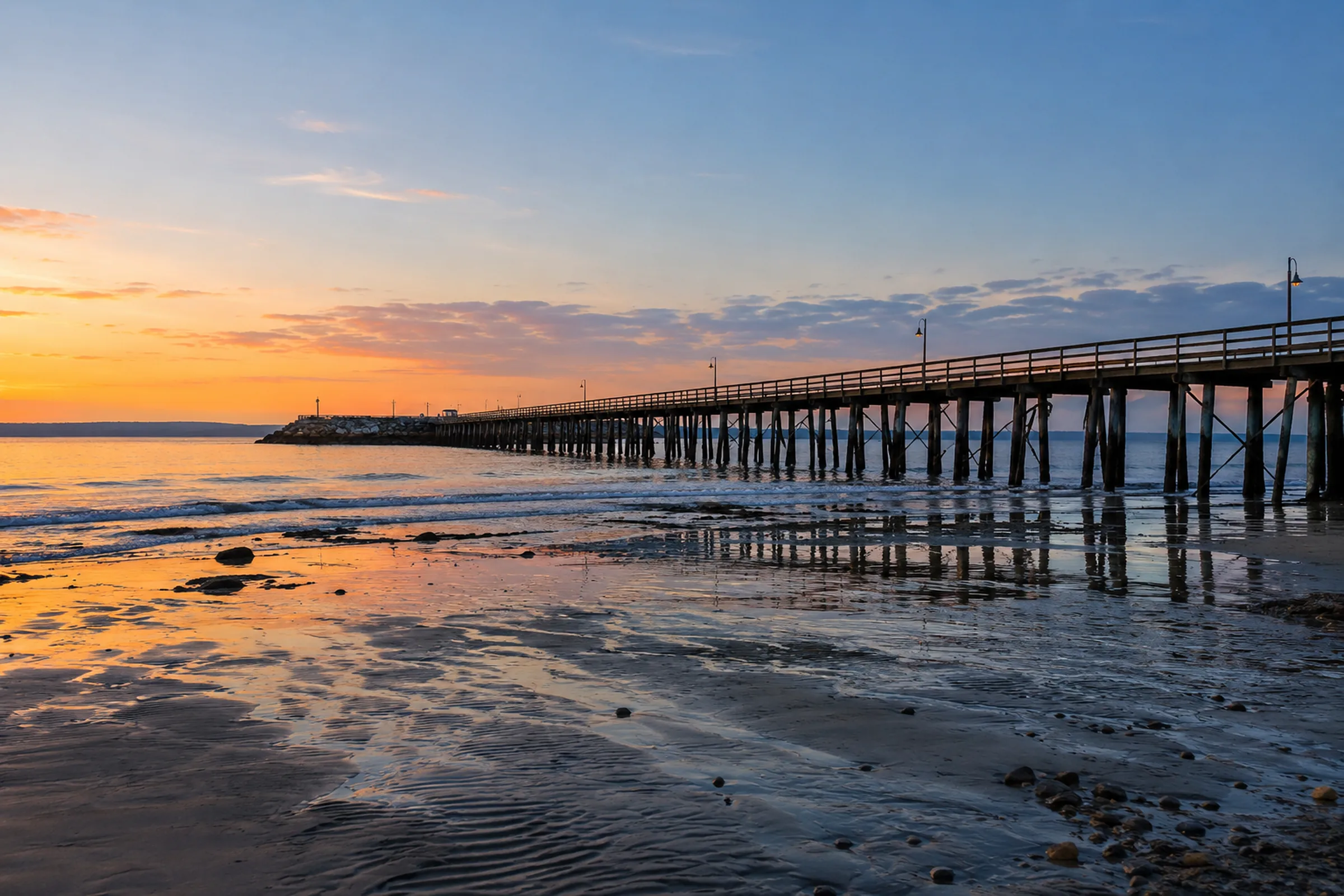 The long wooden White Rock pier running out into Semiahmoo Bay with the breakwater at its end, White Rock BC