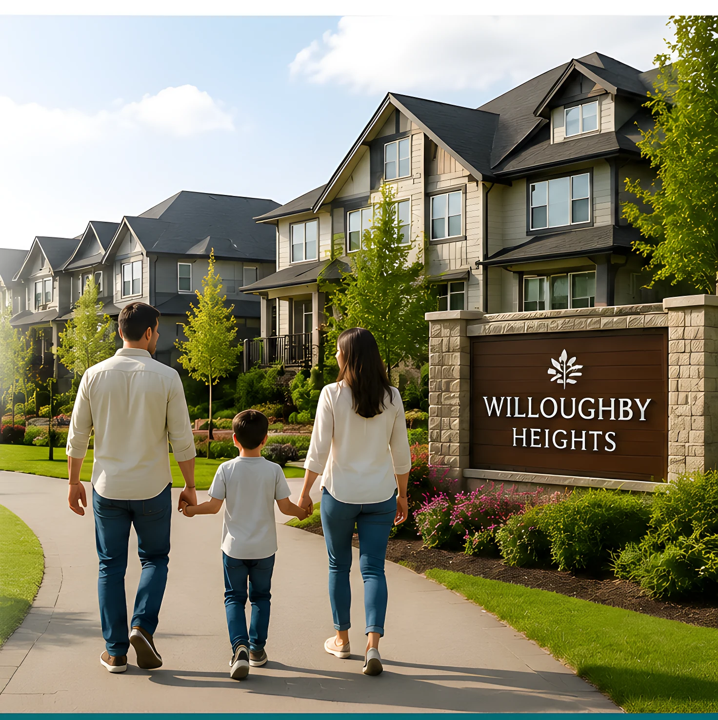 A family walking toward newer townhomes in Willoughby Heights, Langley BC