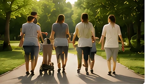 A young family walking together on a tree-lined path in Willoughby Heights