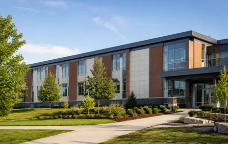 A modern secondary school building with lawns and young maple trees in Willoughby Heights, Langley BC