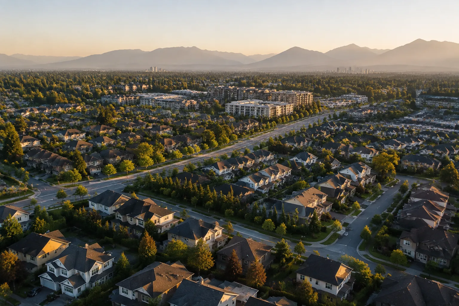 A golden hour aerial over Surrey BC showing residential streets, rooftops, mature trees and the Coast Mountains on the horizon