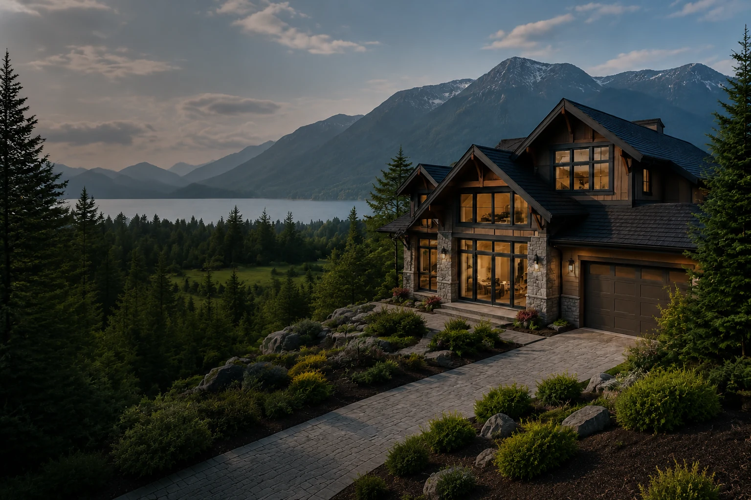 A detached family home on a forested slope at dusk with the river and mountains behind in Chilliwack, BC