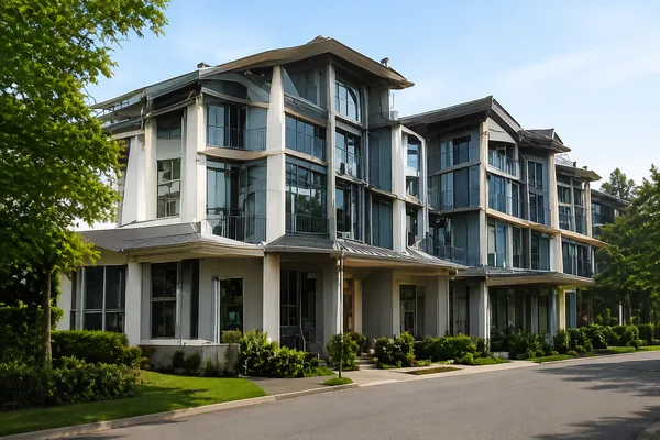 A modern low rise residential building on a walkable urban street, homes for sale in the City of Langley BC
