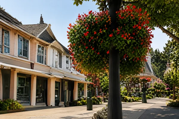 Low heritage village storefronts with a hanging basket of red flowers, homes for sale in Fort Langley, BC