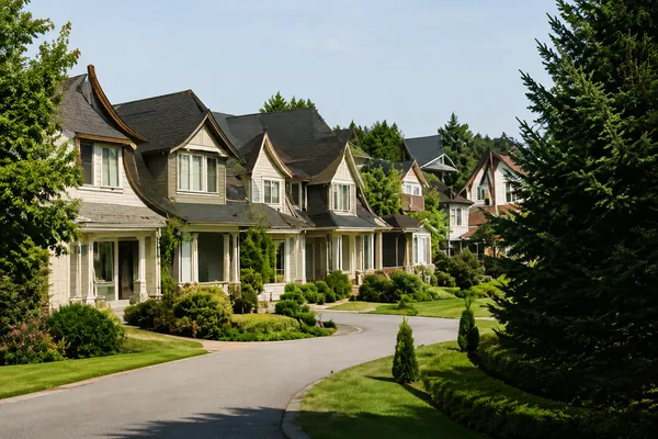 A curving street of newer craftsman houses with dark gabled roofs, homes for sale in Willoughby Heights, Langley BC