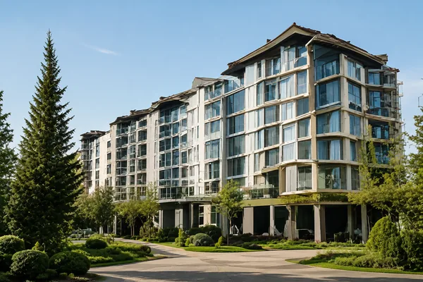 A modern mid rise apartment building with balconies beside a conifer, condos for sale in Willowbrook, Langley BC