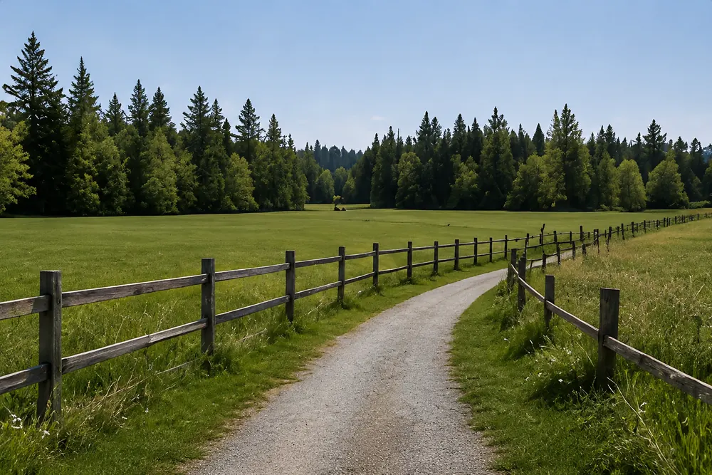A gravel walking trail beside a weathered rail fence across open green meadow, Campbell Valley Regional Park in Langley, BC