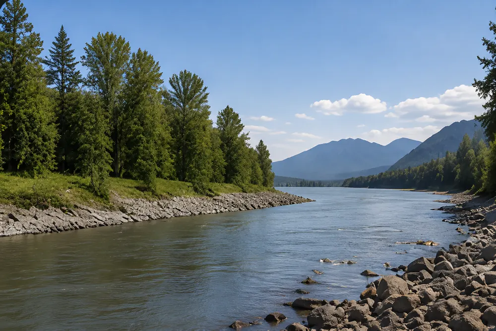 A forested bank and boulder shoreline along the Fraser River, Derby Reach Regional Park in Langley, BC