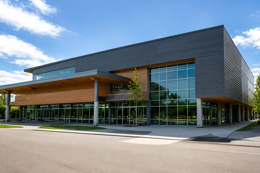 A long modern arena and events building with dark cladding, timber soffits and a glazed ground floor, Langley Events Centre in Willoughby, Langley BC