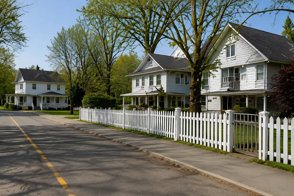 White clapboard heritage houses behind a picket fence under mature trees, Fort Langley National Historic Site in Langley, BC