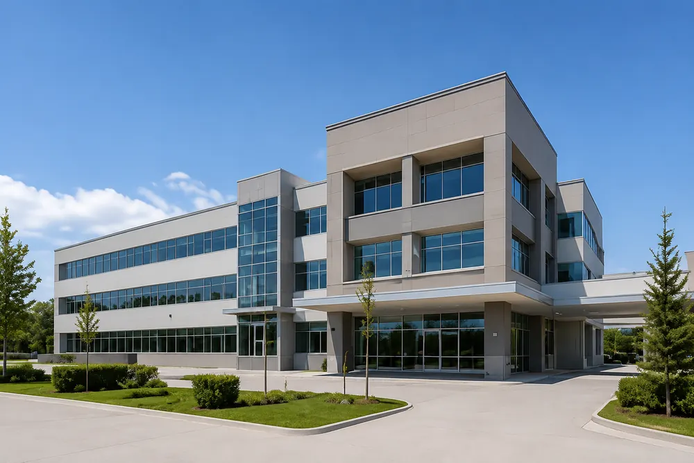 A modern low rise health building with pale precast panels and an entrance canopy, Langley Memorial Hospital in Murrayville, Langley BC