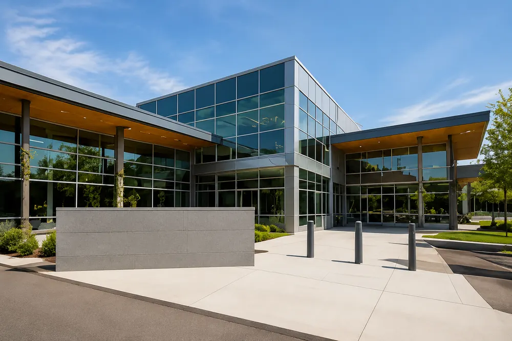 A modern community recreation centre with a two storey glazed curtain wall and a paved entrance plaza, Walnut Grove Community Centre in Langley, BC