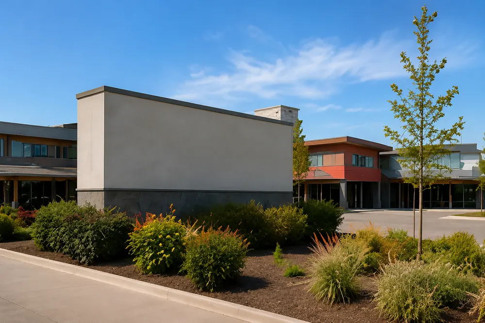 A suburban retail centre with a stepped parapet and landscaped forecourt, Willowbrook Shopping Centre off the Langley Bypass in Langley, BC