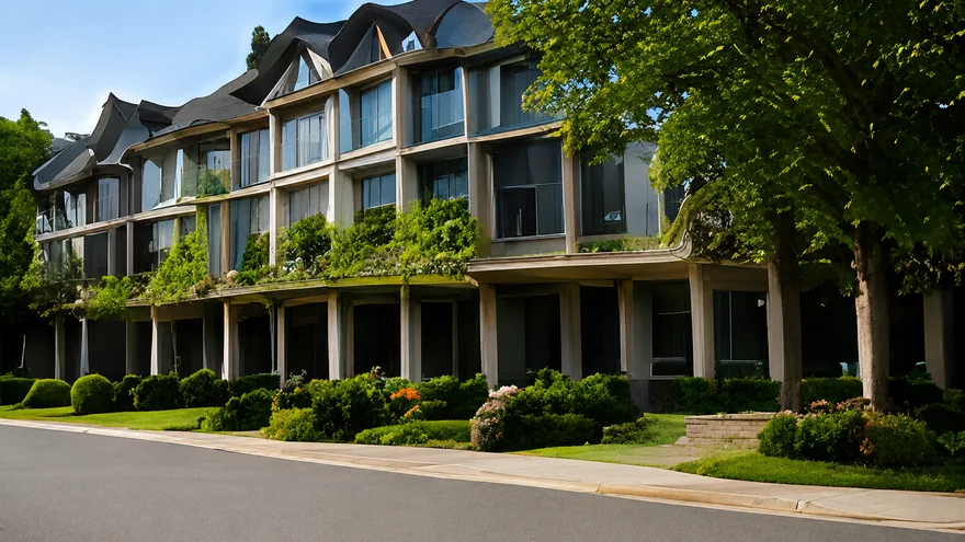 A modern three storey townhome block with glazed balconies and clipped hedges, houses for sale in Clayton Heights, Surrey BC