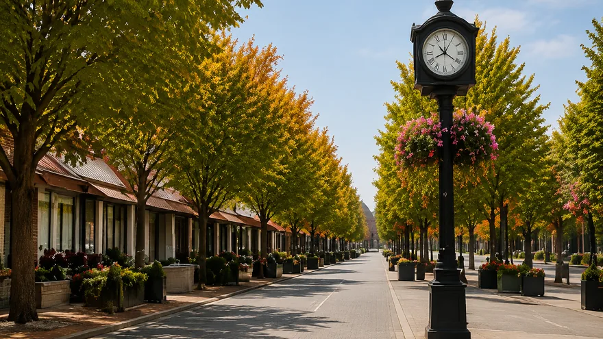 A historic main street of low storefronts and autumn trees with an ornamental street clock, homes for sale in Cloverdale, Surrey BC