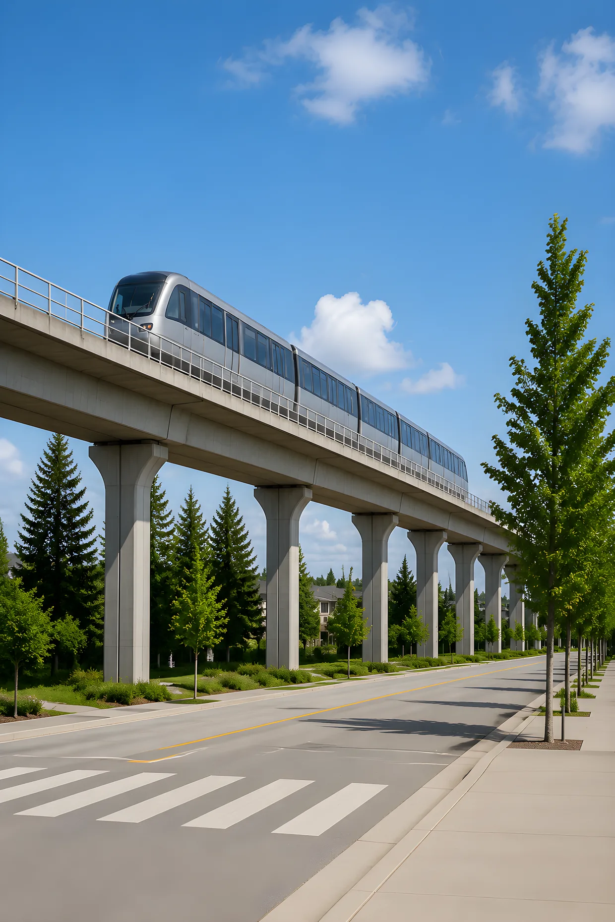 An elevated SkyTrain guideway and train above a suburban road, the Expo Line extension bringing SkyTrain to Langley BC in late 2029