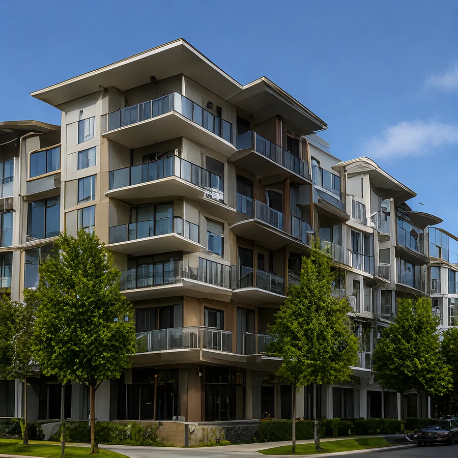 A modern five storey apartment building with recessed balconies on a street corner, condos for sale in Langley BC