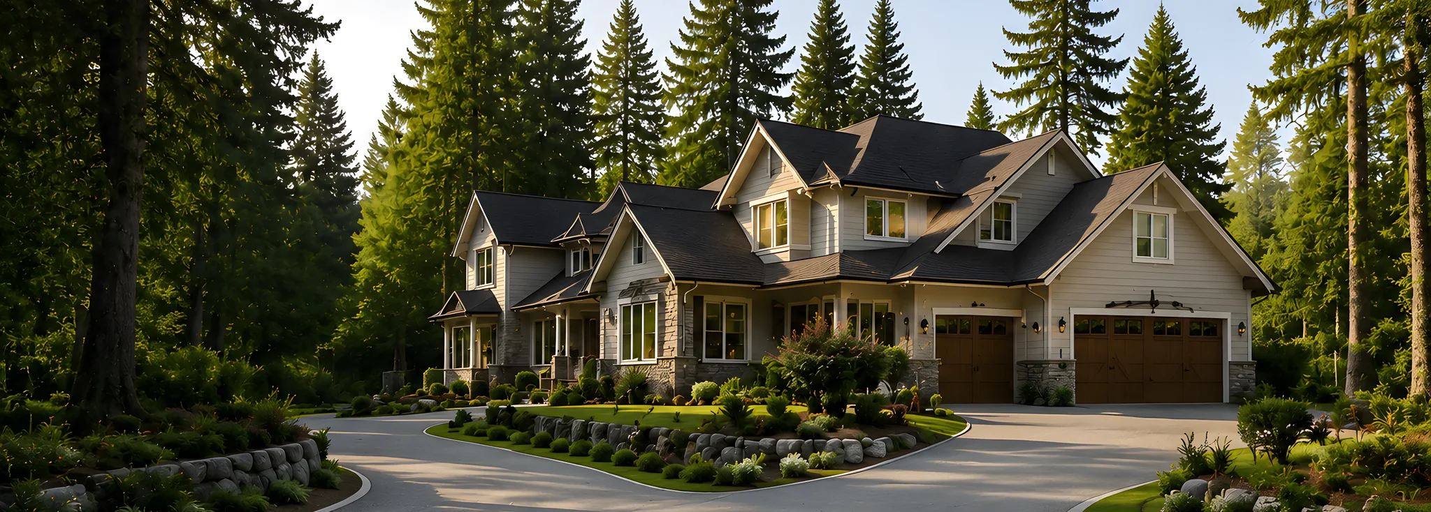 A large two storey detached family house behind a curved driveway with tall conifers behind it, detached homes and acreage for sale in Langley BC