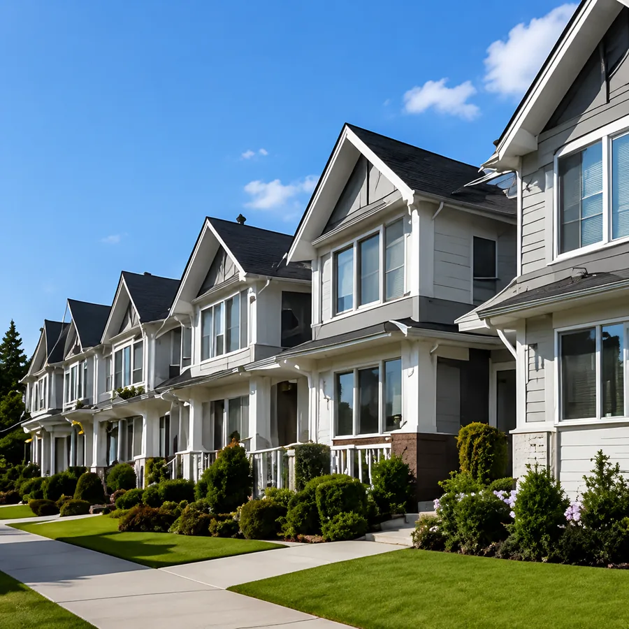 A row of newer three storey townhomes with gabled roofs and clipped lawns, townhouses for sale in Langley BC