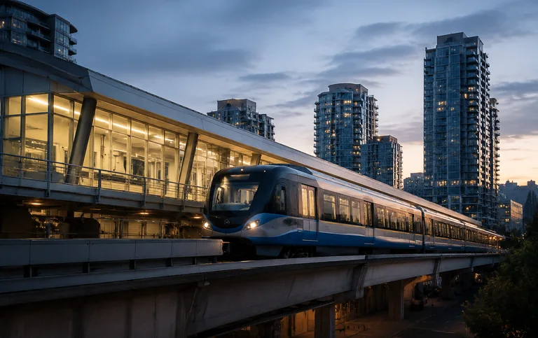 A SkyTrain arriving at an elevated station platform beside high rise condo towers at dusk