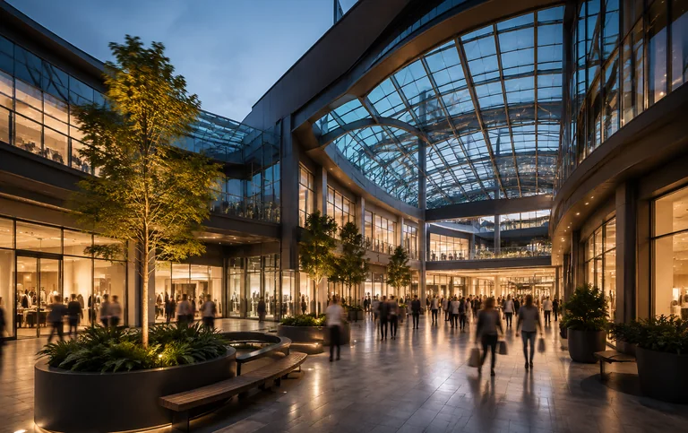 The lit glass concourse of a large shopping centre with shoppers walking through it at dusk