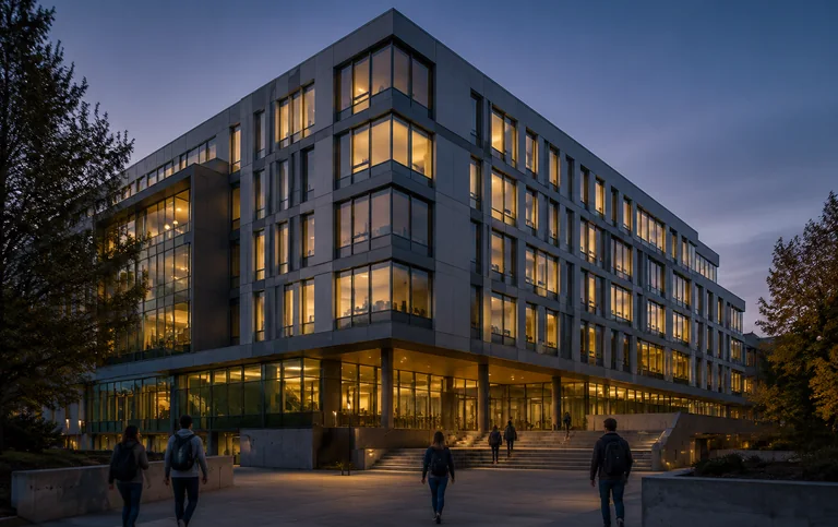 A modern university teaching block with lit windows and students walking past in the evening