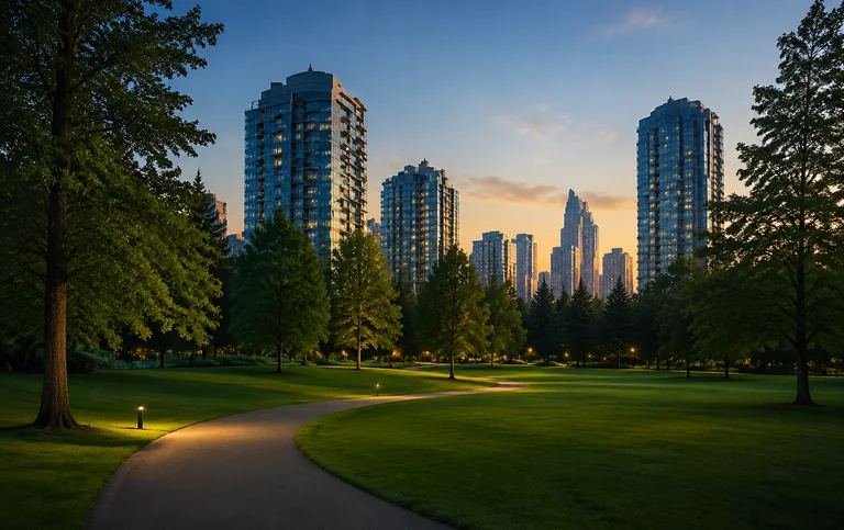 A city park with lawns and mature trees, with condo towers rising behind it at dusk