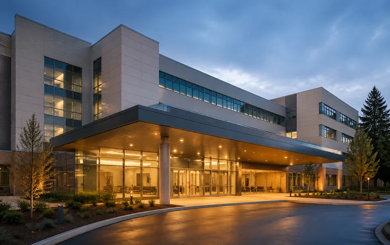 The covered main entrance of a modern regional hospital lit at dusk