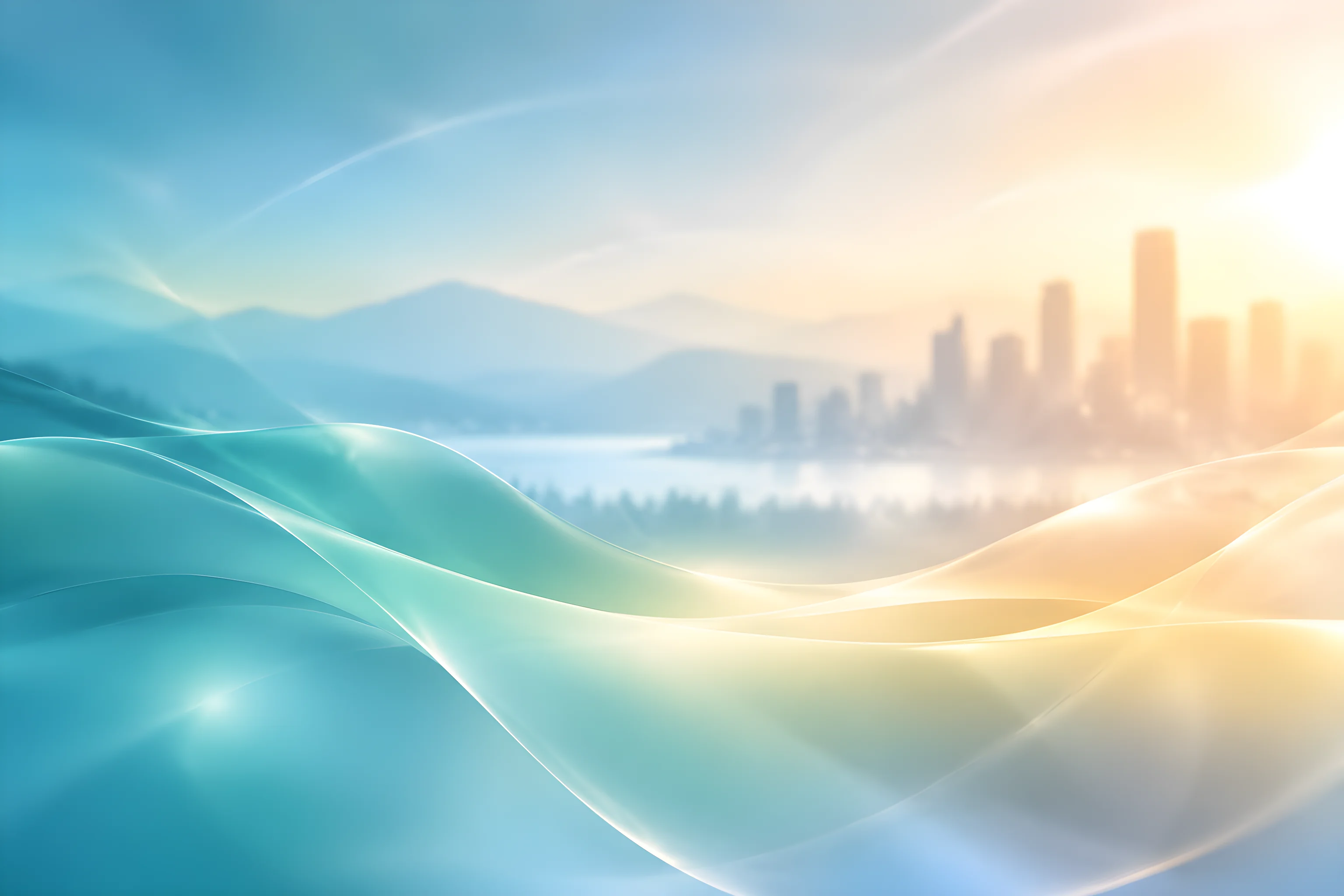 Pale teal and gold ribbons of glass curving across a hazy skyline of high rise towers above still water