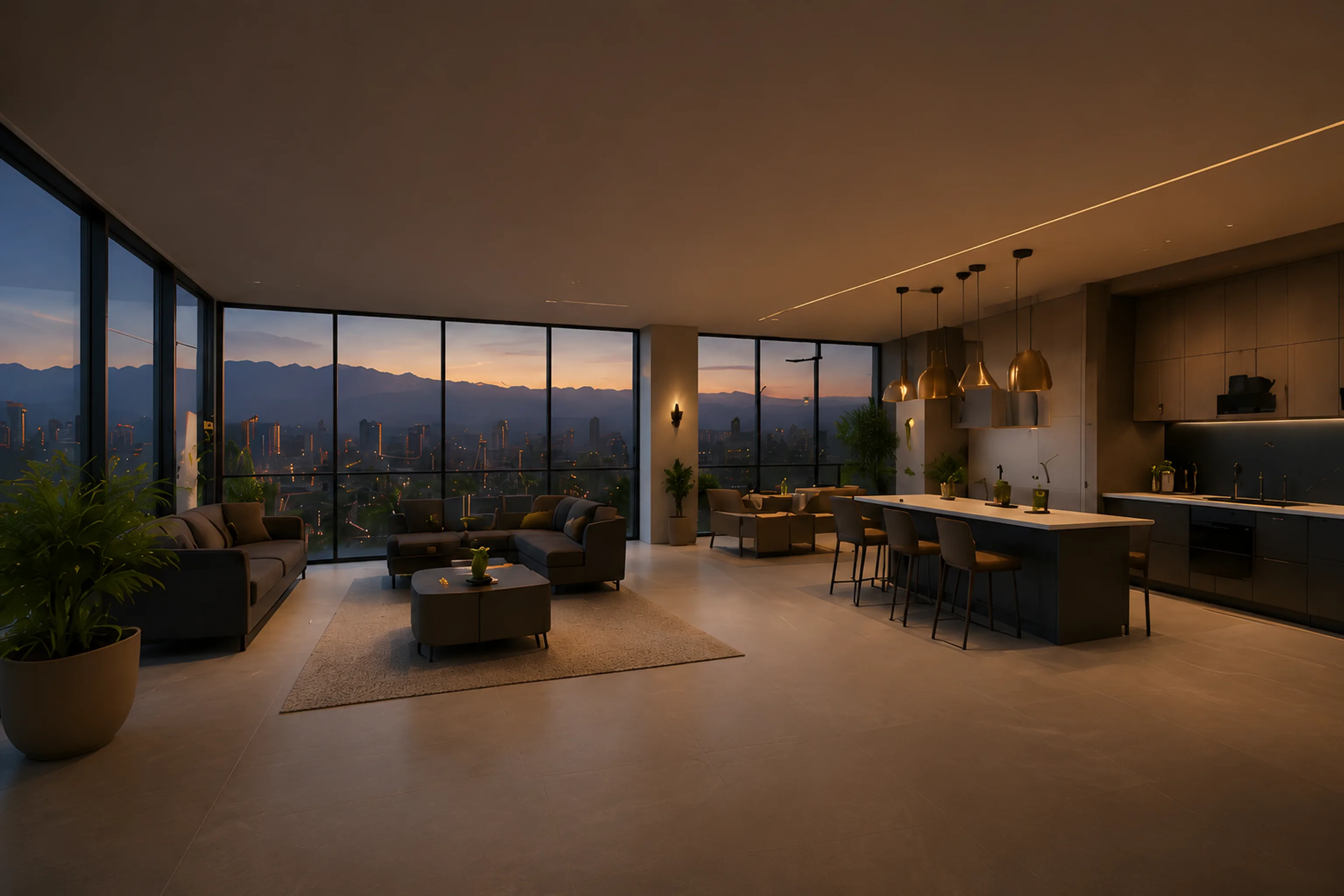 Interior of a Surrey City Centre condo at dusk, with floor to ceiling windows over the city and a modern kitchen