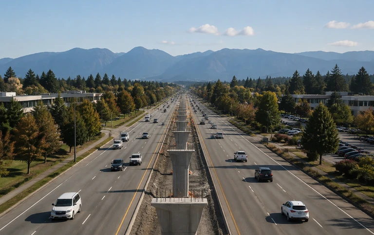 A wide multi lane suburban highway corridor seen from an overpass, with a line of new construction piers along the centre median and mountains behind