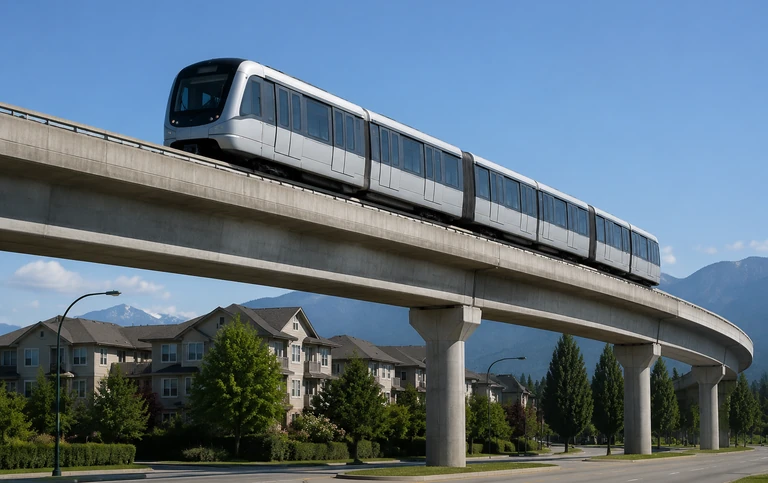 A modern articulated rapid transit train on an elevated concrete guideway curving above a suburban arterial in flat daylight