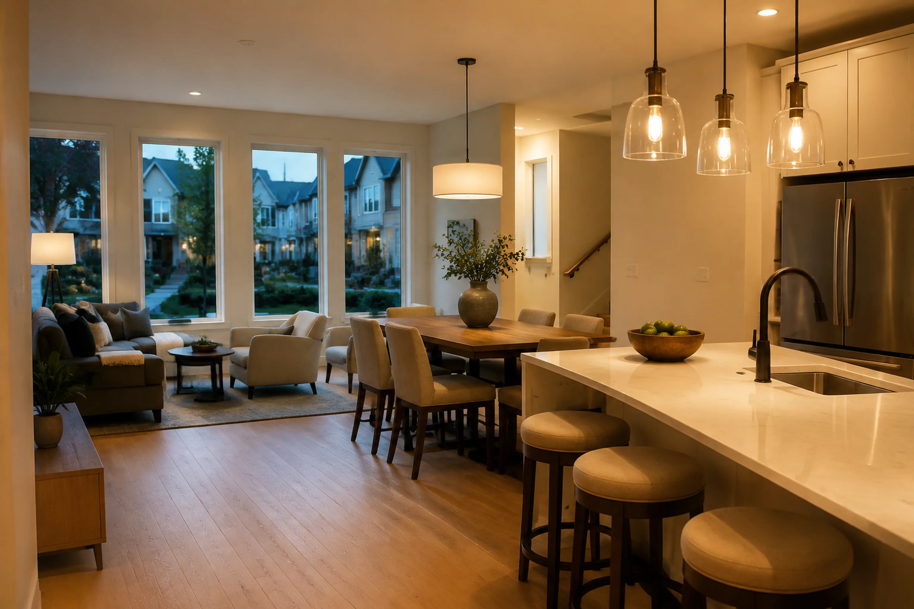 A row of newly built Willoughby townhomes in Langley, the kind of home sold as a presale before completion