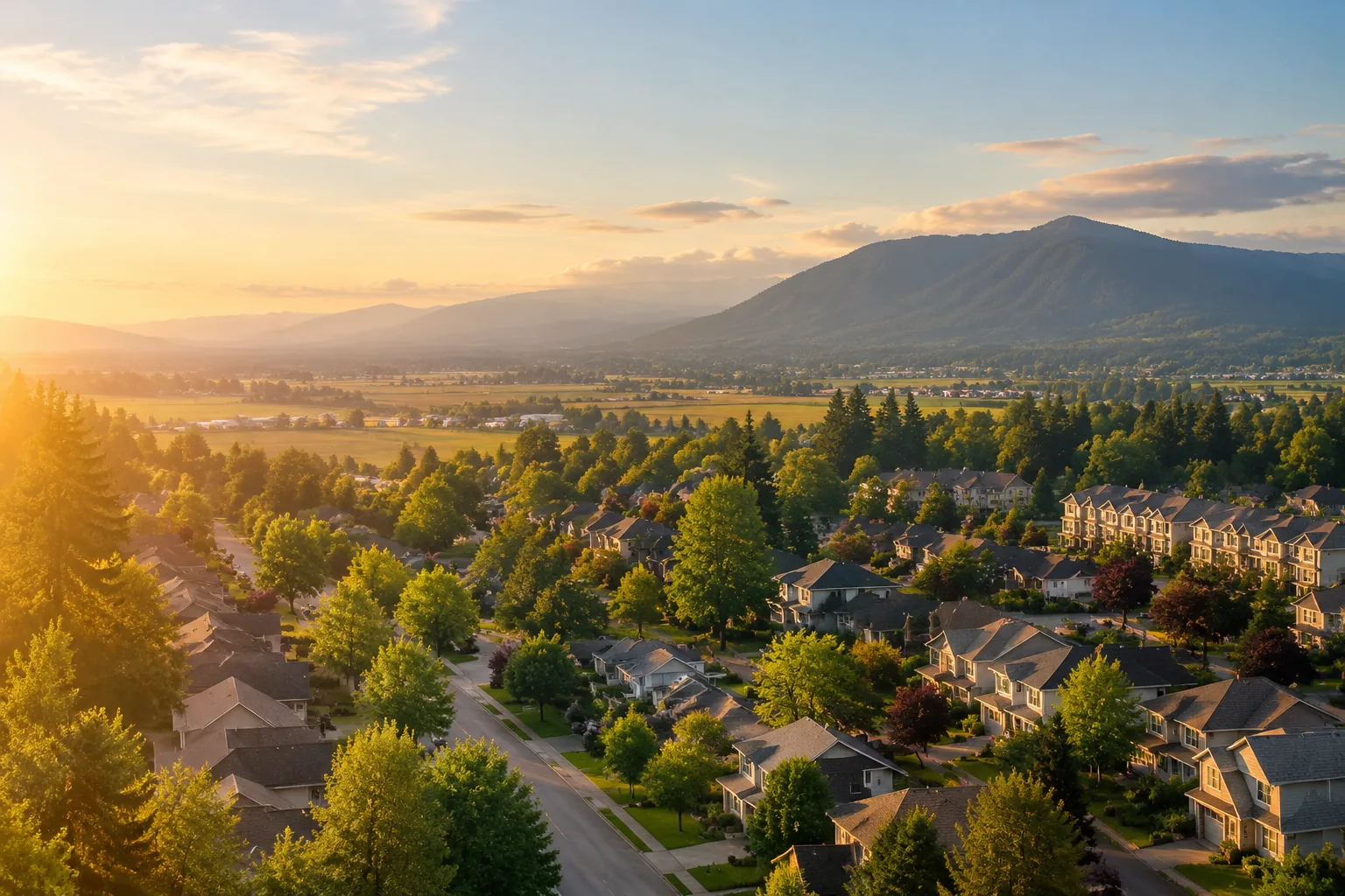 Aerial view of an Abbotsford neighbourhood of detached homes and townhome rows with farmland and Sumas Mountain beyond