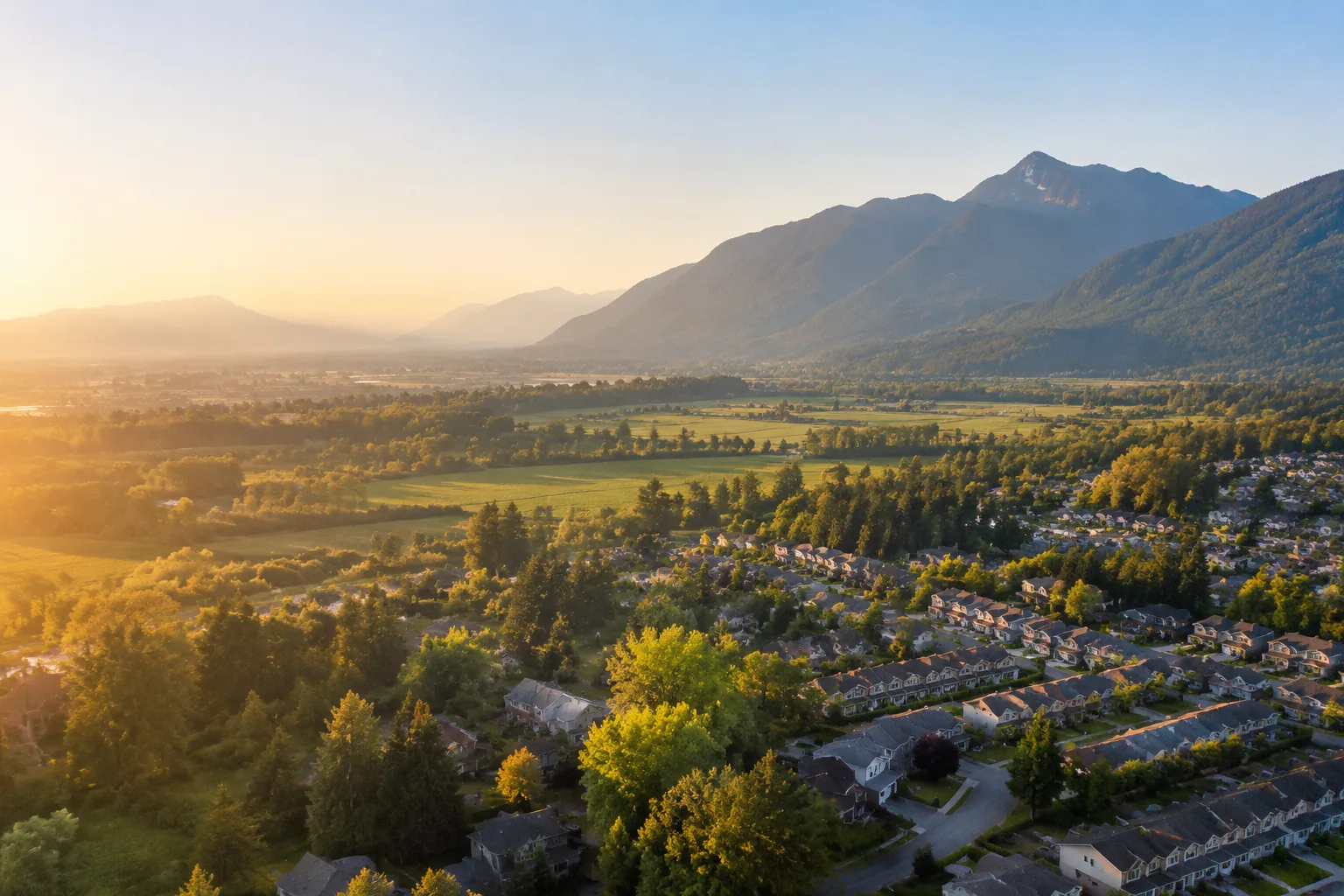 Detached homes on a quiet south side Chilliwack street, with Cheam Peak rising above the valley to the east