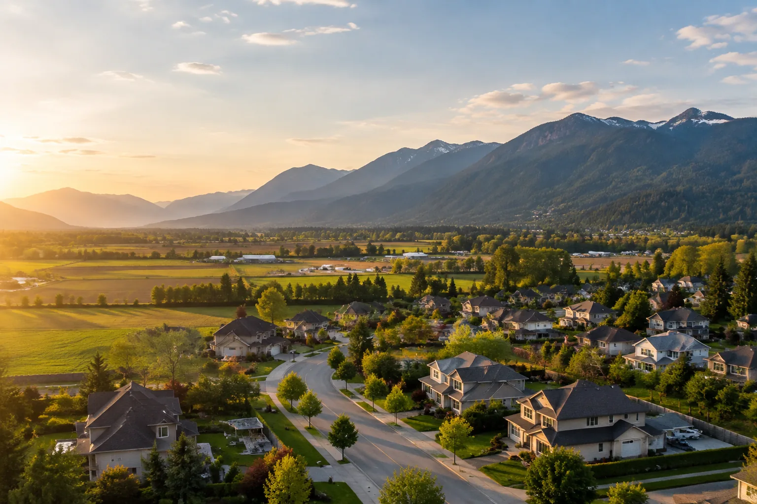 Aerial view of a Chilliwack neighbourhood of detached homes and townhome rows on the valley floor, with forested mountains beyond